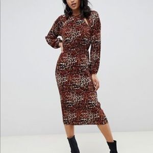 NEW! ASOS DESIGN plisse midi dress with cut outs in Leopard print / US 4
